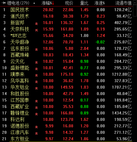 鋰電池板塊漲幅靠前個股。