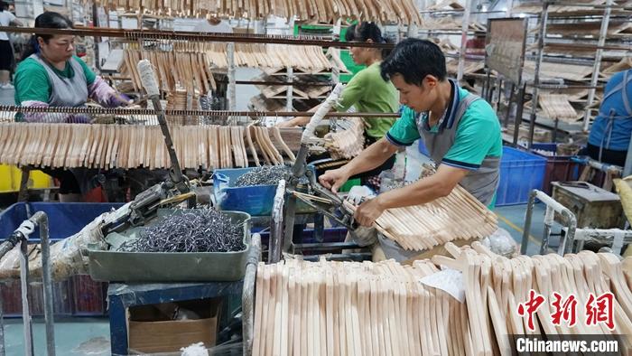 廣西荔浦被譽為“中國衣架之都”，2020年衣架家居產業產值近20億元人民幣，其中80???出口歐美、東南亞等國家和地區。資料圖為工人在組裝衣架。 <a target='_blank' href='http://www.chinanews.com/'>中新社</a>發 歐惠蘭 攝
